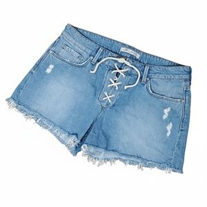 Mavi Size 29/9 Jean Shorts Denim Cut Offs Tie Fly Cotton Washed Blue Distressed